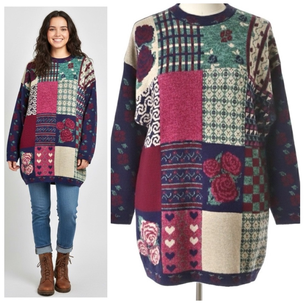 Vintage 90s Patchwork Mixed Pattern Colorful Stat… - image 1